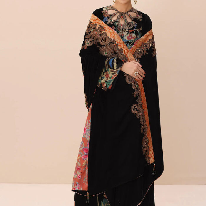 Black Embroidered Pakistani Salwar Kameez with Shawl