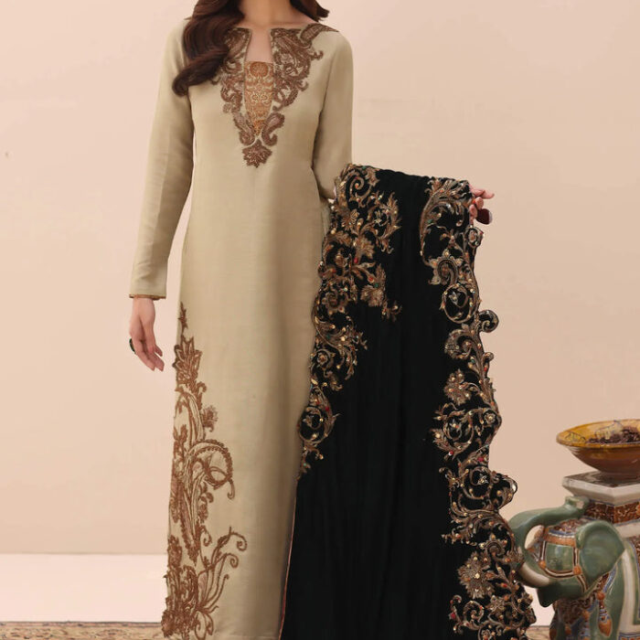 Creamy white Embroidered Pakistani Salwar Kameez Dupatta Suit