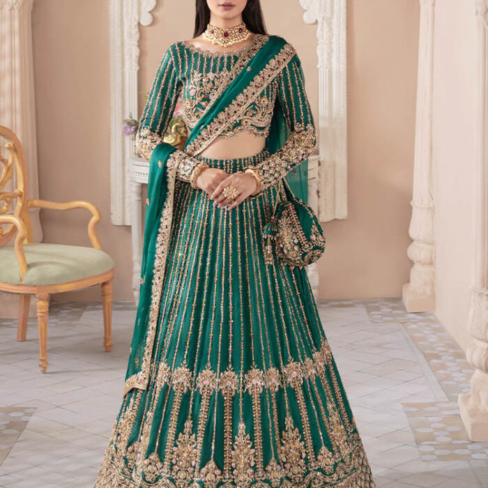Bottle Green Bridal Lehenga Choli and Dupatta Dress