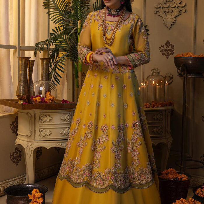Bridal Lehenga and Pishwas Yellow Mehndi Dress #BS835