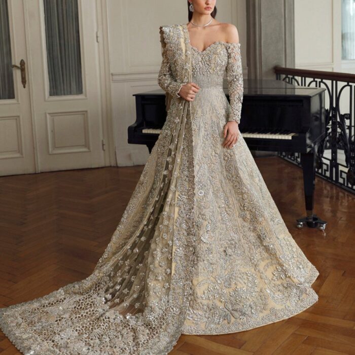 Bridal Wedding Dress in Off Shoulder Gown Dupatta Style