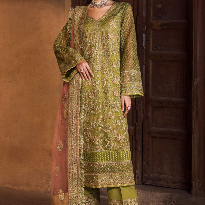 Elegant Mehndi Green Embroidered Chiffon Pakistani Salwar Kameez