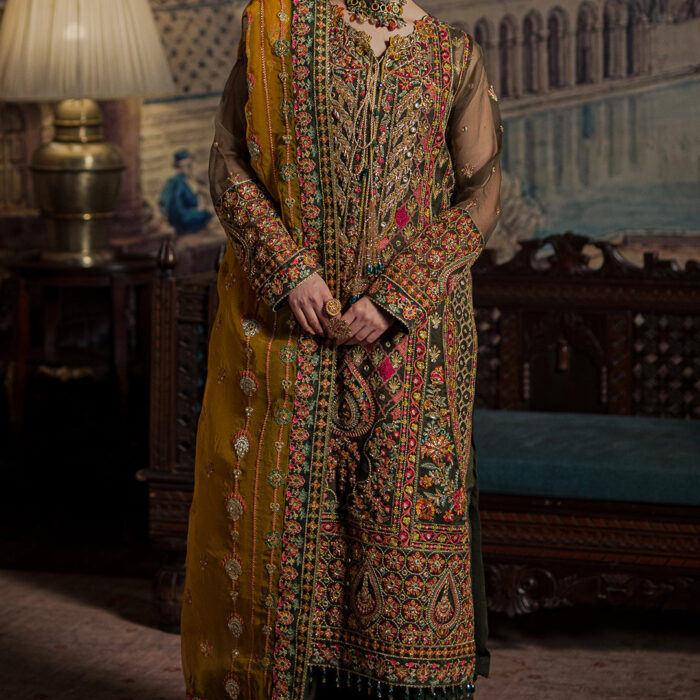 Embellished Green Mehndi Dress in Kameez Trouser Style