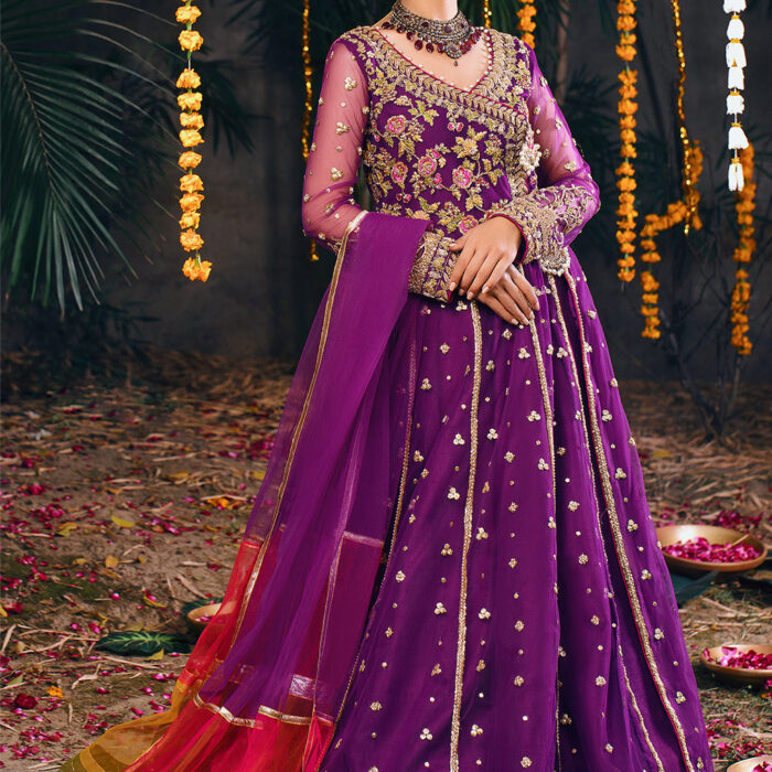 Embellished Purple Kalidar Pishwas Pakistani Mehndi Dresses