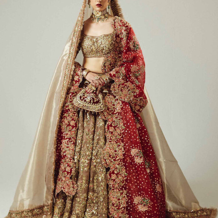 Golden Lehenga Choli with Maroon Dupatta for Wedding