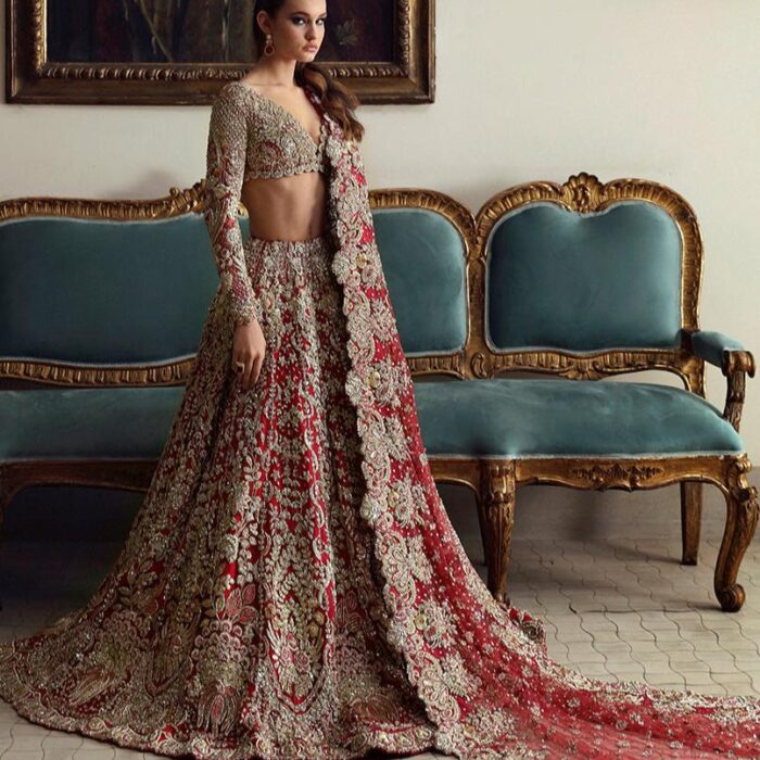 Indian Bridal Dress in Red Choli Dupatta Lehenga Style