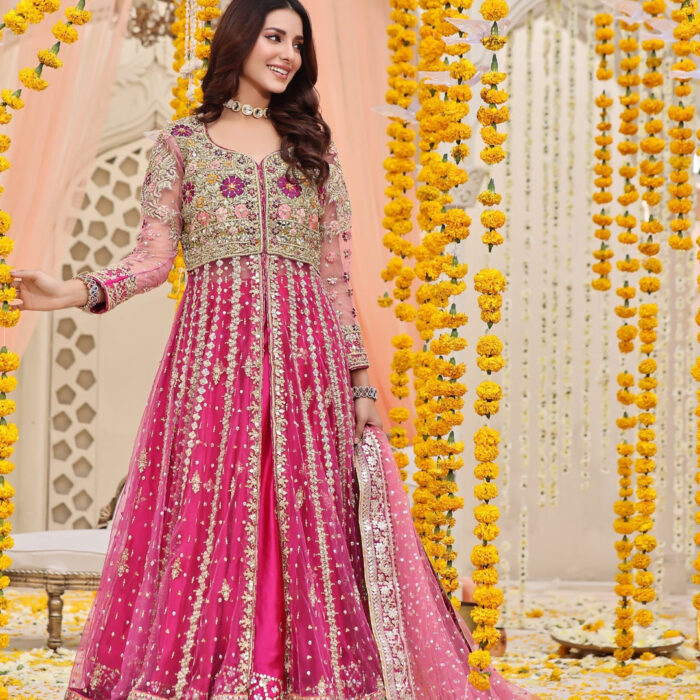 Mehndi Dress in Open Pishwas Frock and Lehenga Style