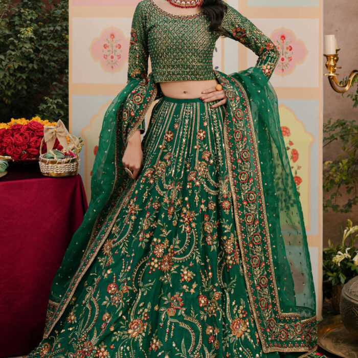 Mehndi Green Heavily Embellished Pakistani Wedding Dress Lehenga Choli