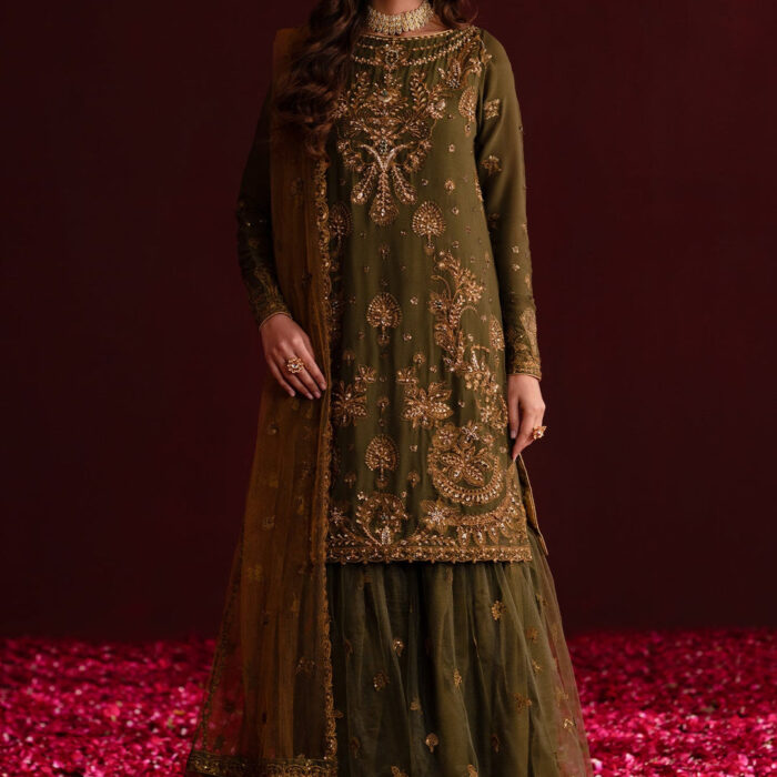 Mehndi Green Embroidered Pakistani Salwar Kameez in Farshi Gharara Style