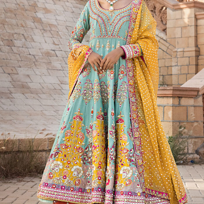 Pakistani Bridal Lehenga Frock and Dupatta Mehndi Dress