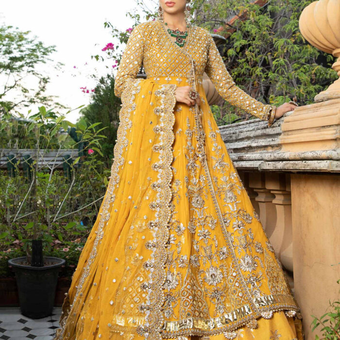 Pakistani Bridal Mehndi Dress in Angrakha Lehenga Style
