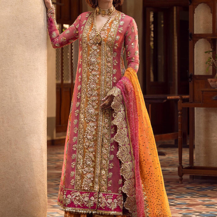 Pink Chiffon Kameez Frock Pakistani Mehndi Dresses