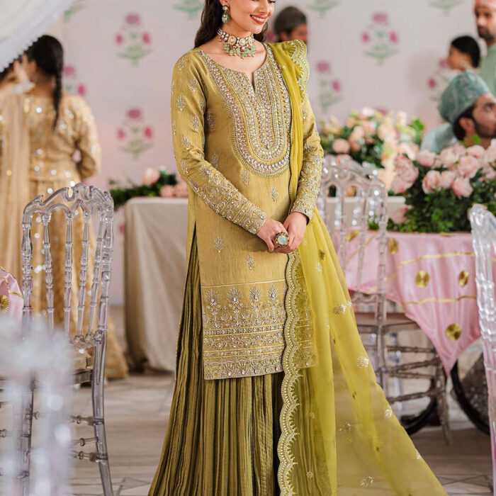 Royal Mehndi Green Embroidered Pakistani Sharara Kameez in Crushed Style