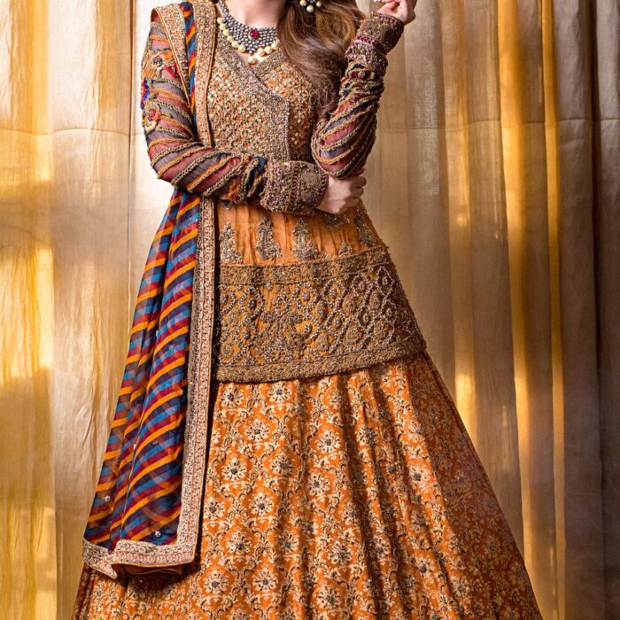 Beautiful designer yellow mehndi lehnga dress with multi work # B3335
